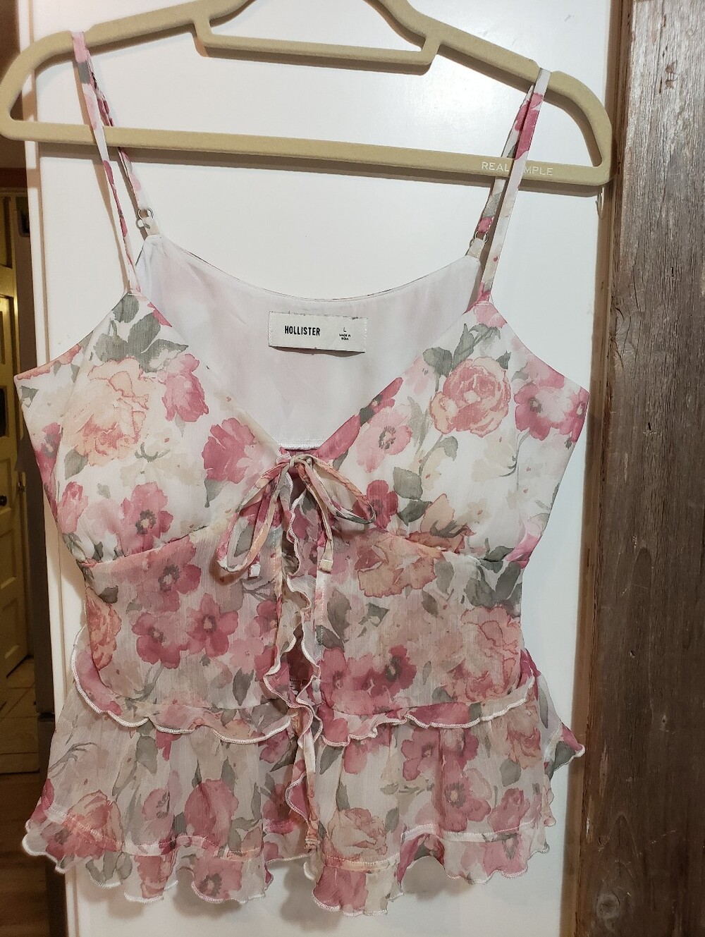 Hollister Pink & Sage Floral Ruffle Tie-Front Cami Large